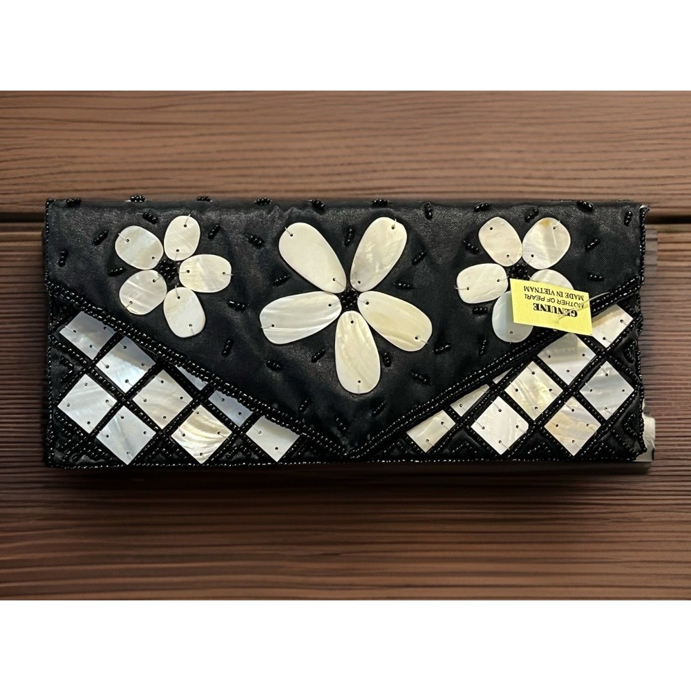 Mother of Pearl Black Beaded Purse Clutch Unique Hand Evening Bag Vietnam Tags